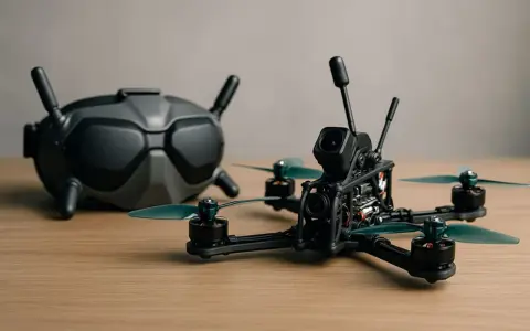 FPV-Drohne und Brille auf Holztisch. Der **Drohnen Controller** ist bereit für den Flug.