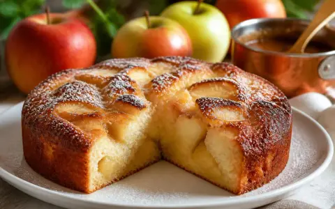 Un délicieux gâteau aux pommes, saupoudré de sucre glace, avec des pommes fraîches en arrière-plan.