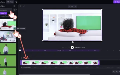 Interfaccia di editing video con ricerca "green screen cinema". Clip aggiunta alla timeline.