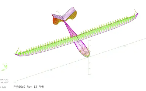 3D-Modell eines Flugzeugs mit detailliertem Flügel und Seitenleitwerk. Die Flügel sind grün und lila, das Seitenleitwerk ist rot und lila.