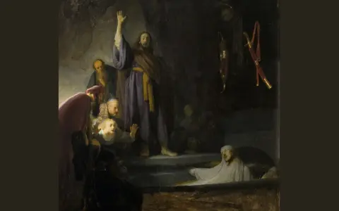 Rembrandt, Syn marnotrawny. Ojciec wita powracającego syna, otoczeni tłumem. W tle miecz i kołczan.