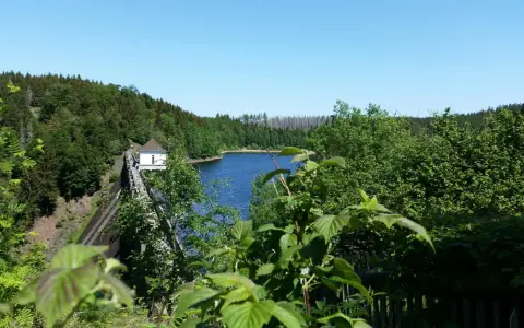 Idyllische Badeseen in Sachsen-Anhalt: Ein Stausee mit Damm und kleinem Haus, umgeben von grünen Wäldern unter blauem Himmel.