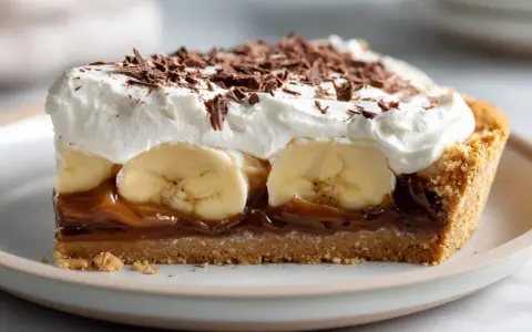 En bit krämig banoffee paj med banan, kolasås, vispgrädde och chokladströssel.