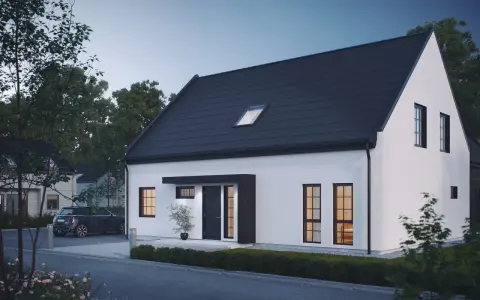 Modern vit villa med mörkt tak, perfekt inspiration framsida hus. En bil parkerad på uppfarten.