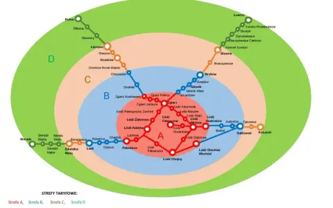 Mapa stref taryfowych dla **wspólnego biletu samorządowego** obejmująca Łódź i okolice, z zaznaczonymi liniami kolejowymi i nazwami miejscowości.