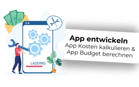 Ein Mann mit Werkzeug vor einem Smartphone-Bildschirm, der Zahnräder und eine Ladeanzeige zeigt. Geld im Umschlag. Ein web app beispiel für App-Entwicklungskosten.