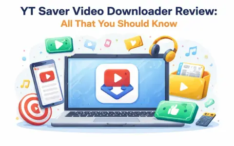Un laptop mostra un'icona di download video, con un telefono, cuffie e una cartella di file. Un'illustrazione che promuove un yt downloader.
