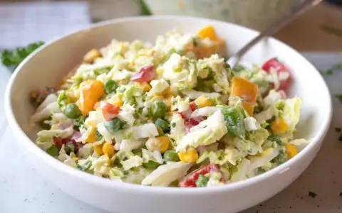 Pyszna surówka z kapusty pekińskiej i kukurydzy, z dodatkiem papryki i groszku, polana kremowym sosem. Idealna na lekki posiłek.