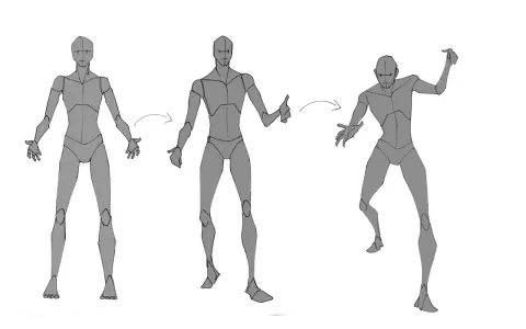 Figuras grises muestran poses para dibujar, evolucionando de una pose estática a una dinámica.