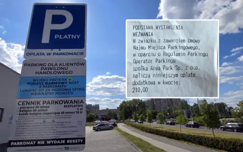 Wezwanie do zapłaty parking za nieuiszczenie opłaty parkingowej, kwota 210 zł. Znak informuje o płatnym parkingu i cenniku.