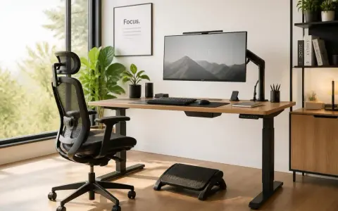 Un bureau bien organisé avec une chaise ergonomique, un écran d'ordinateur, un clavier et une plante verte. L'espace est lumineux et invitant.