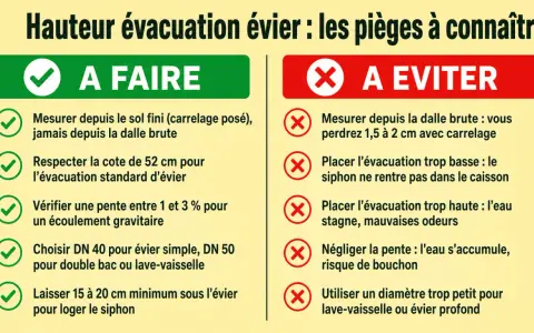 Conseils pour la hauteur d'évacuation d'évier : à faire et à éviter. Mesurer depuis le sol fini, respecter 52 cm, vérifier la pente. Éviter une évacuation trop basse ou trop haute.
