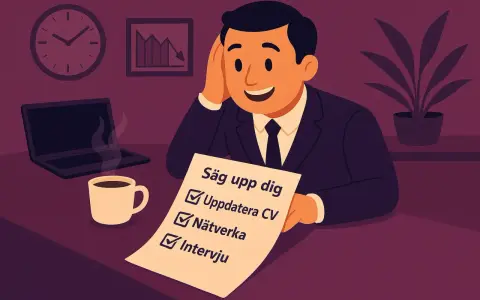 Man med checklista för att byta jobb: uppdatera CV, nätverka, intervju. Kaffe och laptop på skrivbordet.