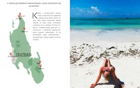 Piękna plaża na wyspie Zanzibar, turkusowa woda i biały piasek. Kobieta wyleguje się na piasku.