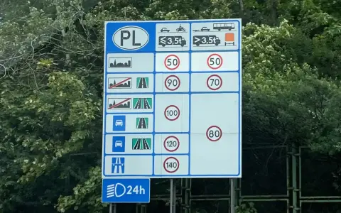 Znak drogowy w Polsce. Samochody osobowe z przyczepą 100 km/h, ciężarówki 70 km/h. Ograniczenia prędkości w zależności od terenu i pojazdu.