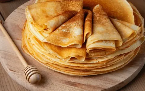 Pile de crêpes dorées, prêtes à être garnies. Une cuillère à miel en bois repose à côté, suggérant une délicieuse recette de crêpes.