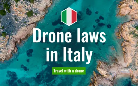 Aerial view of a stunning Italian coastline with text overlay: "Drone laws in Italy. Travel with a drone.