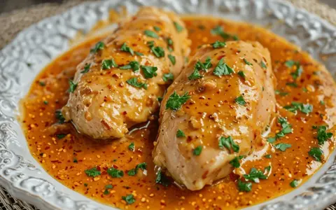 Dos pechugas de pollo en una sabrosa salsa naranja, espolvoreadas con perejil fresco picado.