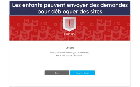 Fenêtre de blocage de site web pour le contrôle parental d'ordinateur. Steam est inaccessible, mais l'enfant peut demander l'autorisation.