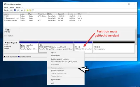 Datenträgerverwaltung zeigt eine Partition mit Fehler an, die gelöscht werden muss. Die oem partition ist nicht sichtbar.