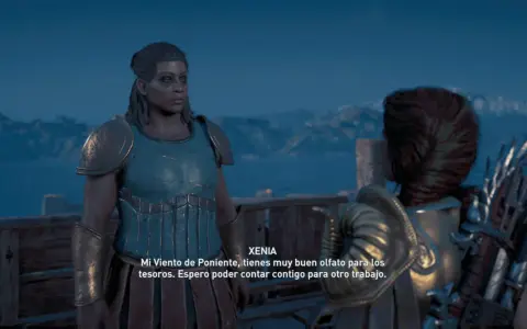 Xenia, pluma en mano, habla sobre tesoros. La noche cae sobre un paisaje montañoso.