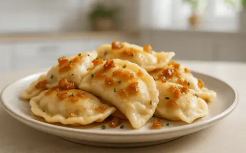 Pyszne pierogi ruskie, które Ania gotuje, polane skwarkami i posypane szczypiorkiem, na jasnym talerzu.