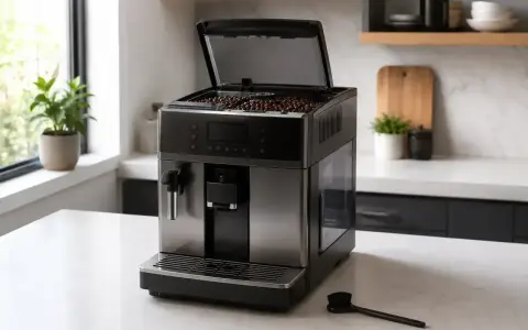Automatyczny ekspres DeLonghi Dinamica z otwartą klapą na ziarna kawy. Obok szczoteczka do czyszczenia, przydatna, gdy zastanawiasz się, jak wyczyścić młynek do kawy w ekspresie.