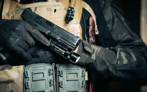 Dłoń w rękawiczce trzyma pistolet z zamontowanym na szynie taktycznym laserem do broni.