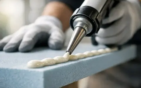 En person med handskar använder en fogpistol för att måla cellplast med ett vitt klister.