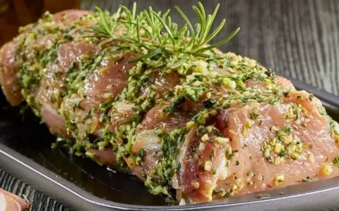 Schab w aromatycznej marynacie z czosnku, ziół i rozmarynu, gotowy do pieczenia.