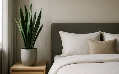 Ein grüner Bogenhanf steht auf einem Nachttisch neben einem gemachtem Bett im Schlafzimmer.