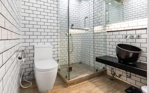 Baño moderno con azulejos blancos y negros. El suelo de madera se ve primero, luego los azulejos. Inodoro, ducha de cristal y lavabo negro.