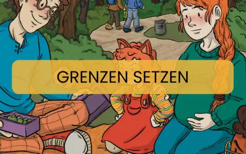 Zwei Erwachsene und ein Kind mit frechen Gesichtern sitzen im Gras. Ein gelbes Banner mit der Aufschrift "Grenzen setzen" überlagert die Szene.