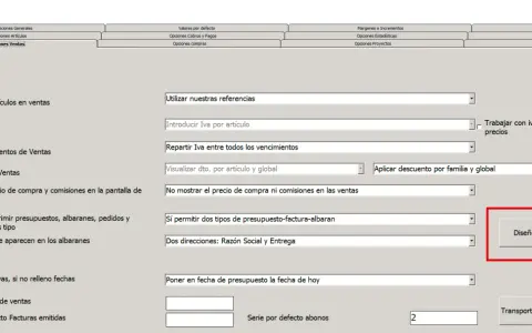 Configuración de opciones de venta, incluyendo la opción "Diseño Tickets" para personalizar la plantilla tickets para imprimir.