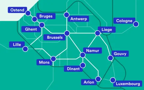 Map showing train routes connecting major cities in Belgium, including Brussels, Antwerp, and Ghent, with international connections to Lille, Cologne, and Luxembourg.