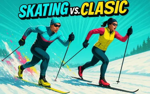 Två skidåkare tävlar, en i skate-stil och en i klassisk stil. De visar upp olika skidstilar i en dynamisk illustration.