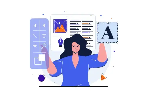 Kreatywna kobieta wybiera ładna czcionka alfabetu na ekranie edytora graficznego.