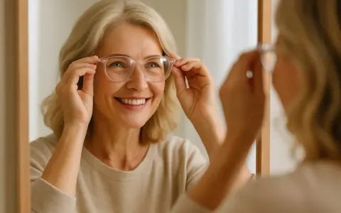 Uśmiechnięta kobieta z blond włosami przymierza okulary przed lustrem. Dobór okularów to ważny krok do lepszego widzenia i stylu.