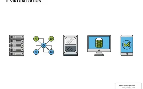 Icons representing IT virtualization: servers, network diagram, hard drive, computer with data, and smartphone.
