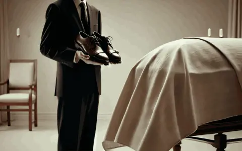 Eleganckie buty do kremacji, trzymane przez ubranego na czarno mężczyznę, obok przykrytego materiałem stołu.