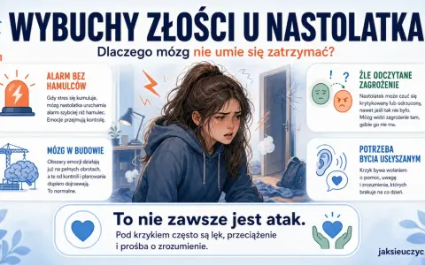 Zestresowana nastolatka, której mózg szybko się denerwuje. Obok grafiki o wybuchach złości u nastolatków.