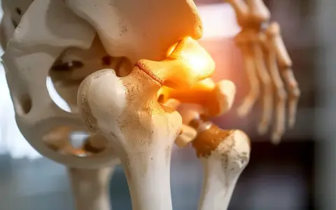 Model ludzkiego szkieletu z podświetlonym stawem krzyżowo biodrowym, sugerującym ból lub stan zapalny.