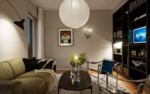Mysig vardagsrumsmiljö med en stor taklampa, en svart vägglampa och en bokhylla full med böcker. Perfekt lampor inspiration för ditt hem.