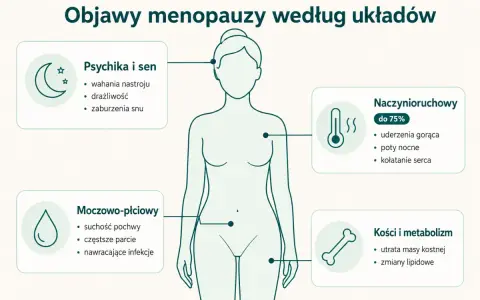 Objawy perimenopauzy: wahania nastroju, drażliwość, zaburzenia snu, uderzenia gorąca, poty nocne, kołatanie serca, suchość pochwy, zmiany kostne i lipidowe.