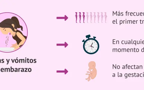 Ilustración de mujer con náuseas y vómitos en el embarazo, más comunes en el primer trimestre, pueden ocurrir a cualquier hora y no afectan la gestación.