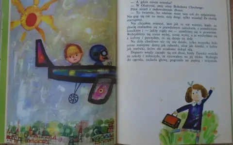 Pilot i ja streszczenie: chłopiec z pilotem w samolocie leci nad miastem, a na dole dziewczynka grozi mu pięścią.