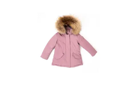 Giacca rosa con cappuccio bordato di pelliccia, perfetta per il tuo woolrich neonato.