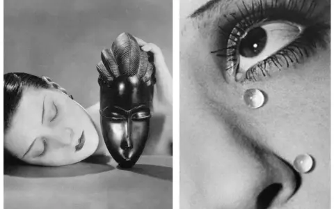 Man Ray, maestro del surrealismo, cattura un volto addormentato accanto a una maschera e gocce d'acqua sull'occhio, evocando mistero.
