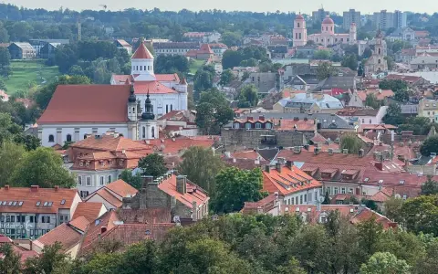 Widok na Wilno z wzgórza Giedymina. Czerwone dachy, białe kościoły i zielone drzewa tworzą malowniczy krajobraz.