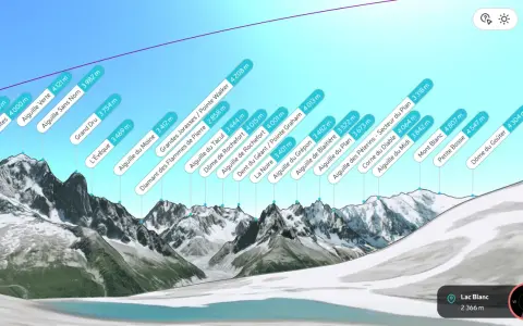 Widok na Alpy z zaznaczonym Mont Blanc, który znajduje się we Francji. Widać też inne szczyty i lodowiec.